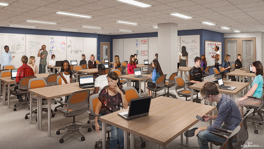 Rendering of Everitt classroom; group tables with whiteboard walls